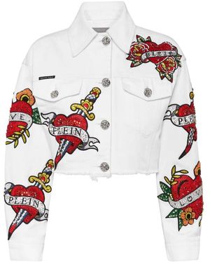 Philipp Plein Cropped Denim Jacket Love Crystals - Wit