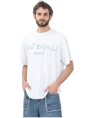 Just Cavalli Weißes t-shirt mit blauer logo-stickerei