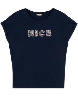 Oltre Tops ,Blauw ,Katoen Katoenen T-Shirt Met Juweel Applicatie