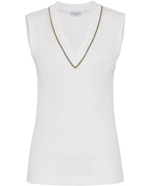 Brunello Cucinelli Weißes Baumwoll V-Ausschnitt T-Shirt