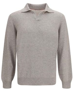 Brunello Cucinelli Mouliné Cashmere Knit Polo - Grijs