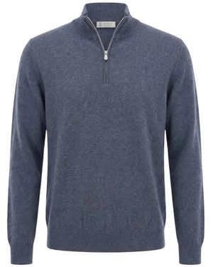 Brunello Cucinelli Trui Met Halve Rits En Col - Blauw