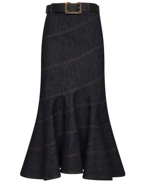 Self-Portrait Denim Midi Rok Met Riem - Zwart