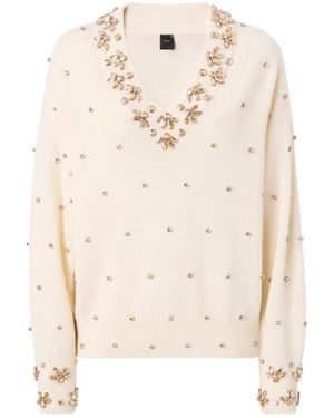 Pinko Strickpullover Mit V-Ausschnitt Und Schmuckapplikationen - Natur