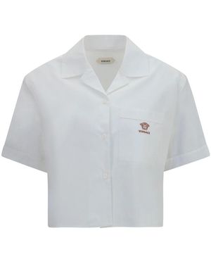 Versace Overhemden ,Wit ,Katoen Cropped Katoenen Poplin Shirt - Grijs