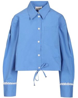 Ganni Overhemden ,Blauw ,Katoen Shirt Met Kanten Bies En Trekkoordzoom