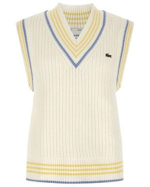 Lacoste Truien & Vesten ,Wit ,V-Hals Logo Patch Vest - Naturel