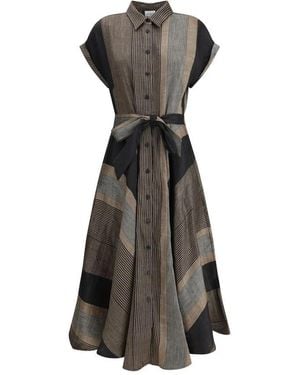Sara Roka Gestreepte Patchwork Chemisier Jurk - Grijs