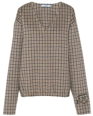 Prada Kariertes V-Ausschnitt Pullover - Grau