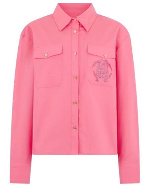 Roberto Cavalli Overhemden ,Roze ,Leer Shirt Met Strass-Logo