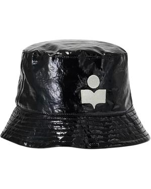 Isabel Marant Accessoires ,Zwart ,Linnen Zwarte Bucket Hoed Logo Gestikt