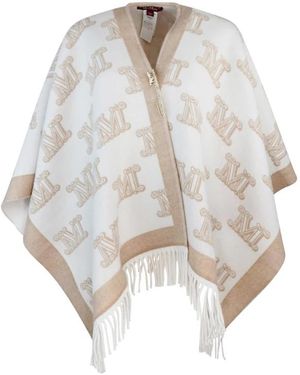 Max Mara Jassen ,Veelkleurig ,Wol Jacquard Logo Fringe Wollen Jas - Wit