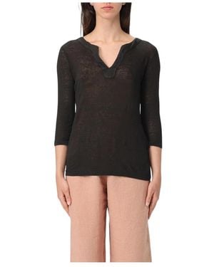 120% Lino Zwarte Linnen V-Hals Top