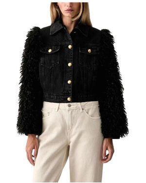 Twinset Jassen ,Zwart ,Katoen Cropped Spijkerjas Met Shearling Mouwen