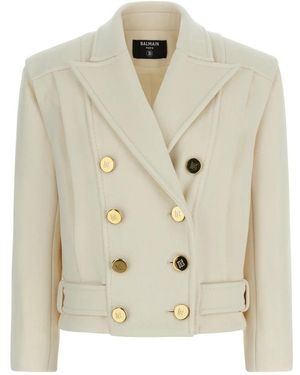 Balmain Cropped Wollen Reefer Jas - Wit