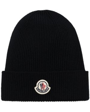 Moncler Schwarze Gestrickte Chunky Gerippte Logo Mütze