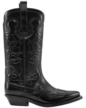 Ganni Schoenen ,Zwart ,Leer Mid Shaft Geborduurde Western Laarzen