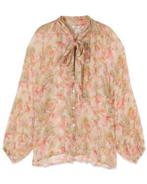 Oltre Overhemden ,Roze ,Geplooide Blouse Van Viscose Met Strik - Naturel
