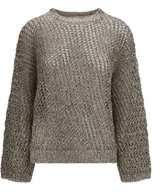 Brunello Cucinelli Dazzling Chiné Strickpullover Aus Seide Und Leinen Mit Lochmuster - Grau