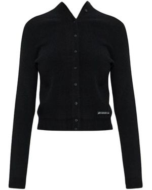 Alexander Wang Truien & Vesten ,Zwart ,Wol Ls Hooggesloten Vest Met Knopen En Gebreid Logolabel