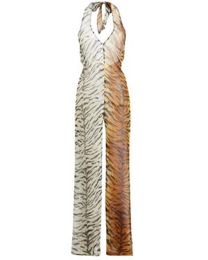Roberto Cavalli Jumpsuits & Playsuits ,Veelkleurig ,Zijden Jumpsuit Met Tigresse-Print - Metallic