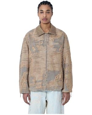 DIESEL Distressed Denim Jack Met Leren Kraag - Bruin