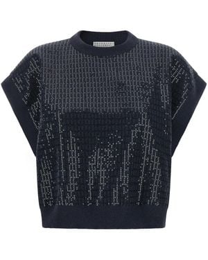 Brunello Cucinelli Trui Met Schitterende Borduursels - Blauw