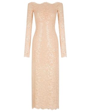 Rabanne Kleedjes ,Roze ,Pailletten Scalloped Stretch-Lace Sequined Maxi Dress - Naturel
