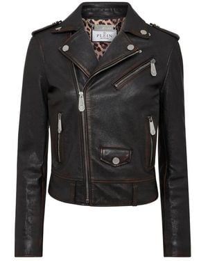 Philipp Plein Leren Bikerjack - Zwart