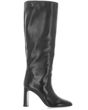 Stuart Weitzman Schwarze Lederstiefel Damen Runde Zehe - Grau
