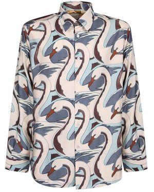 Paul Smith Overhemden ,Veelkleurig ,Viscose Overhemd. All-Over Zwaan - Blauw
