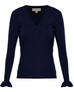 Michael Kors Gerippter Wollmischpullover Mit V-Ausschnitt - Blau