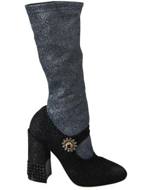 Dolce & Gabbana Crystal-embellished Two-tone Stretch-lurex Knee Boots - Black