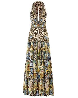 CAMILLA Kleedjes ,Veelkleurig ,Halter Jersey Jurk Met Gelaagde Rok - Metallic