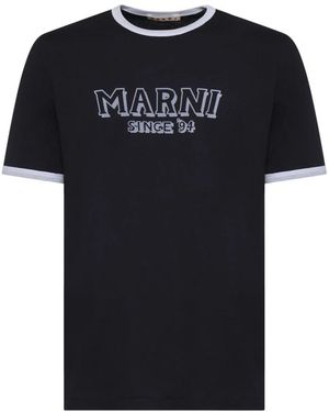 Marni Tops ,Blauw ,Katoen T-Shirt Met Ronde Hals En Print - Zwart