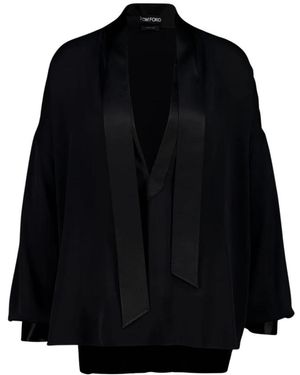 Tom Ford Overhemden ,Zwart ,Satijn Washed Silk Tunic Shirt Met Tuxedo Details