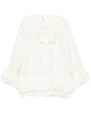 Ganni Blouse Met Ruches En V-Hals - Wit