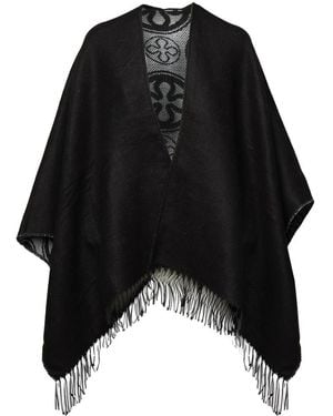 V73 Jassen ,Zwart ,Polyester Omkeerbare Zwarte Jacquard Cape Met Franjekant