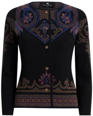 Etro Truien & Vesten ,Zwart ,Polyester Cardigan Azul Noche Est Flores Azul Beig