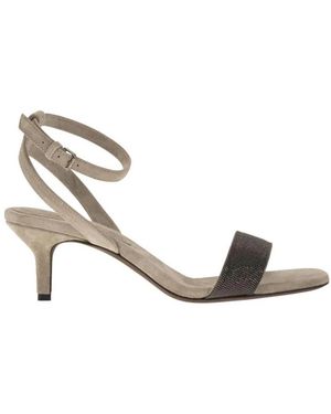 Brunello Cucinelli Schoenen ,Bruin ,Suède Suede Kitten Heel Ankle Strap Sandalen - Metallic