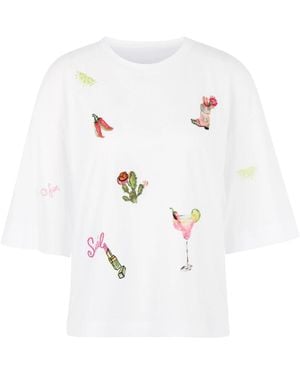 Marc Cain Tops ,Wit ,Pailletten Shirt Met 3/4-Mouwen En Patches