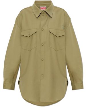 KENZO Overhemden ,Groen ,Wol Wollen Overhemd Met Geborduurd Logo