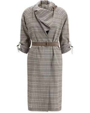 Burberry Wool Check Dress With A Shawl Collar - Grey