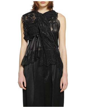 Junya Watanabe Tops ,Zwart ,Satijn Asymmetrische Top Van Satijn En Kant