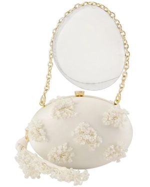 Self-Portrait Satin Floral Beaded Oval Clutch - Weiß