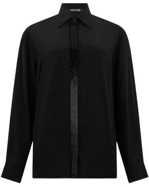Roberto Cavalli Overhemden ,Zwart ,Zijden Blouse Met Glinsterende Details