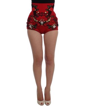 Dolce & Gabbana Silk Crystal Roses Shorts - Red