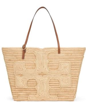 Tory Burch Tassen ,Leer Raffia Tote Bag Met Logodetail - Naturel