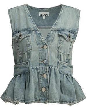 Ganni Jassen ,Blauw ,Denim Lichtgewicht Denim Peplum Gilet