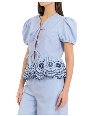 Kocca Gestreepte Blouse Met Pofmouwen En Geplooid Detail Met Borduursel - Blauw